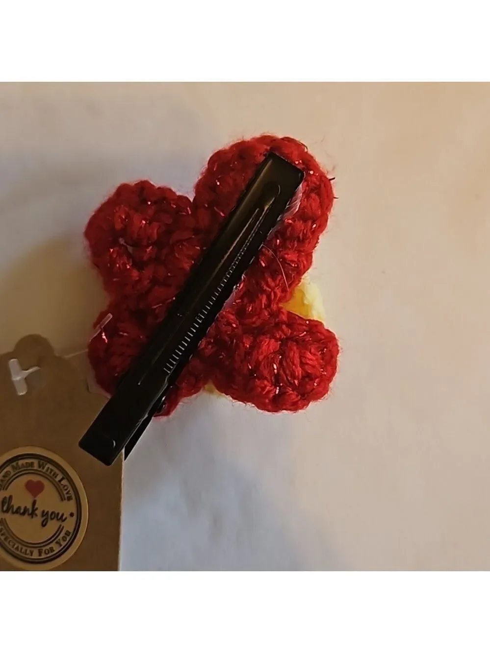 Hand Crafted bow hair accessory crochet red flower black alligator clip boho